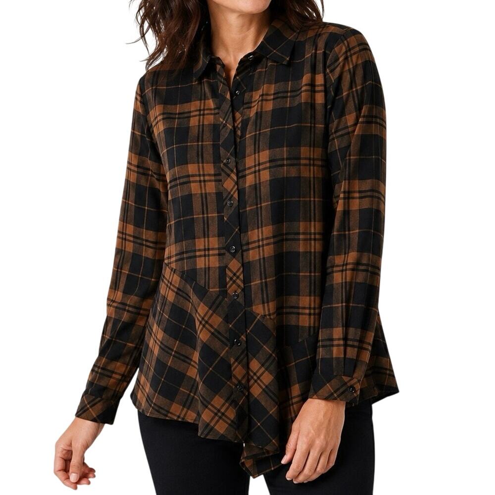Susan Graver Plus Size 1X Brown Black Plaid Fall Harvest Thanksgiving Shirt Top